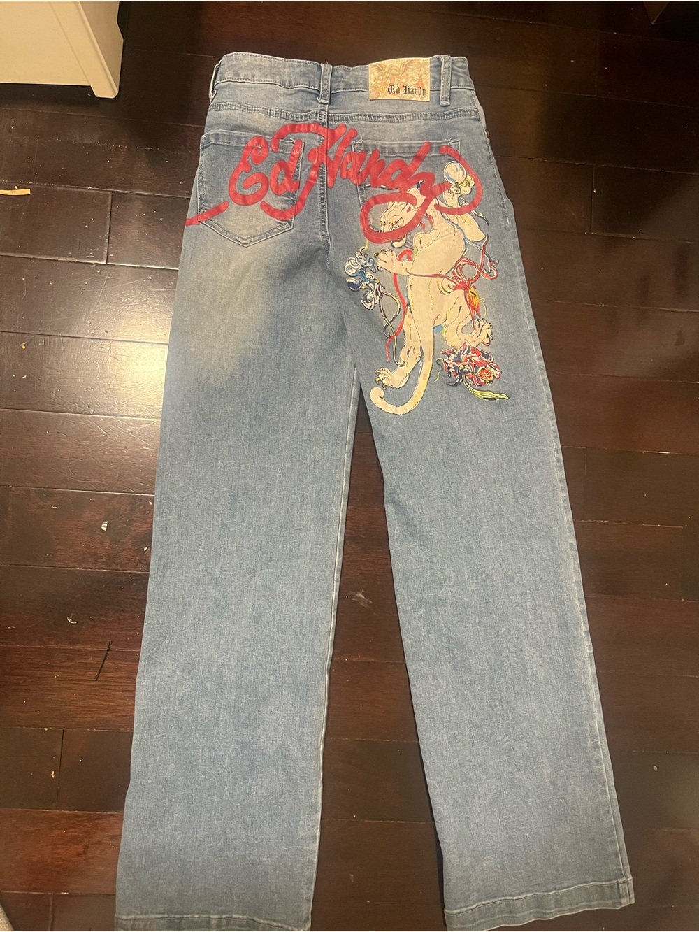 Ed Hardy Light Blue Straight-Leg Jeans with Red Script and Embroidered Tiger